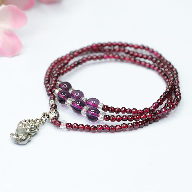 Fortune Jewel Natural Garnet Elephant Abacus Lucky Bag PiXiu Protection Triple Wrap Bracelet