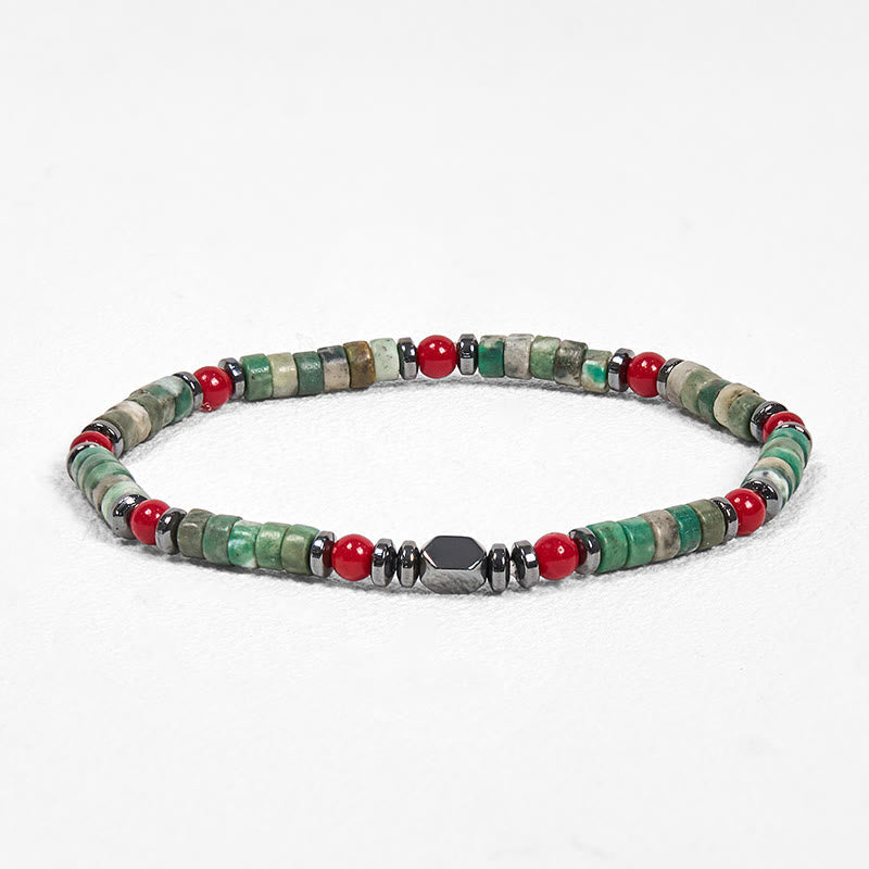Fortune Jewel Natural Green Stone Hematite Red Coral Powerful Bracelet