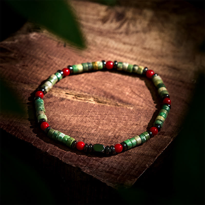 Fortune Jewel Natural Green Stone Hematite Red Coral Powerful Bracelet