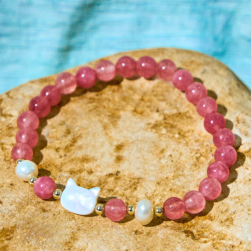 Fortune Jewel Strawberry Quartz Pearl Cat Rabbit Healing Bracelet