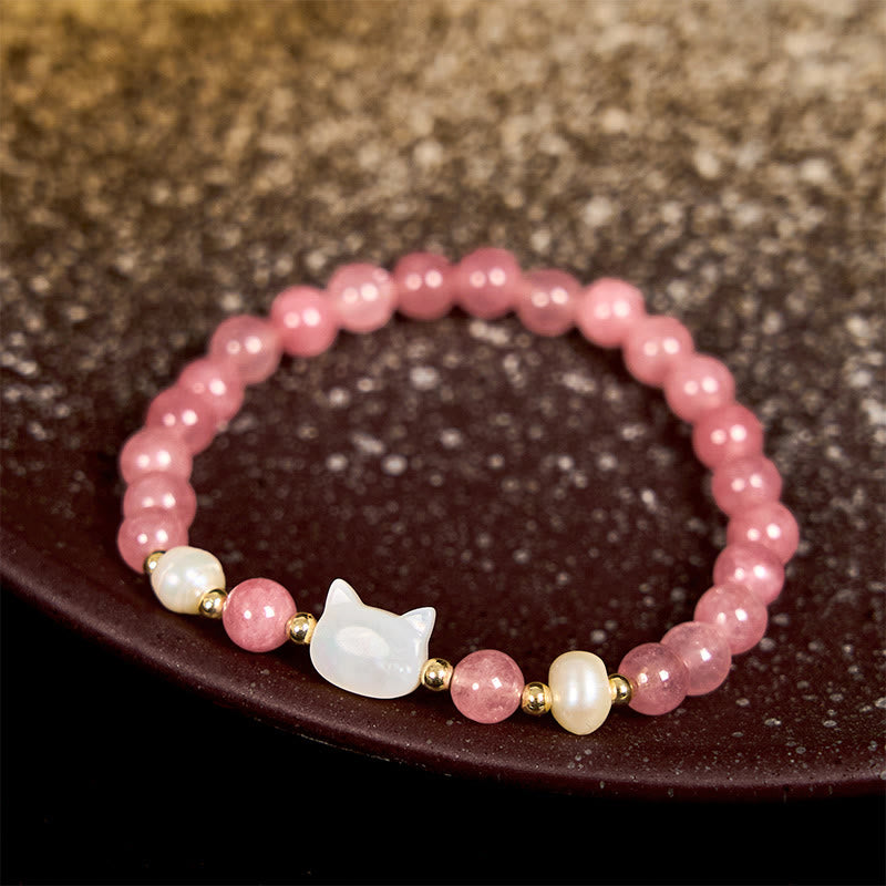 Fortune Jewel Strawberry Quartz Pearl Cat Rabbit Healing Bracelet