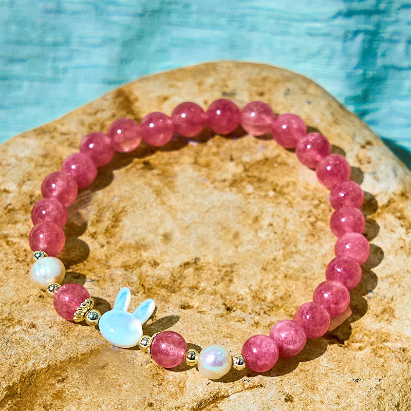 Fortune Jewel Strawberry Quartz Pearl Cat Rabbit Healing Bracelet