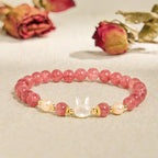 Fortune Jewel Strawberry Quartz Pearl Cat Rabbit Healing Bracelet