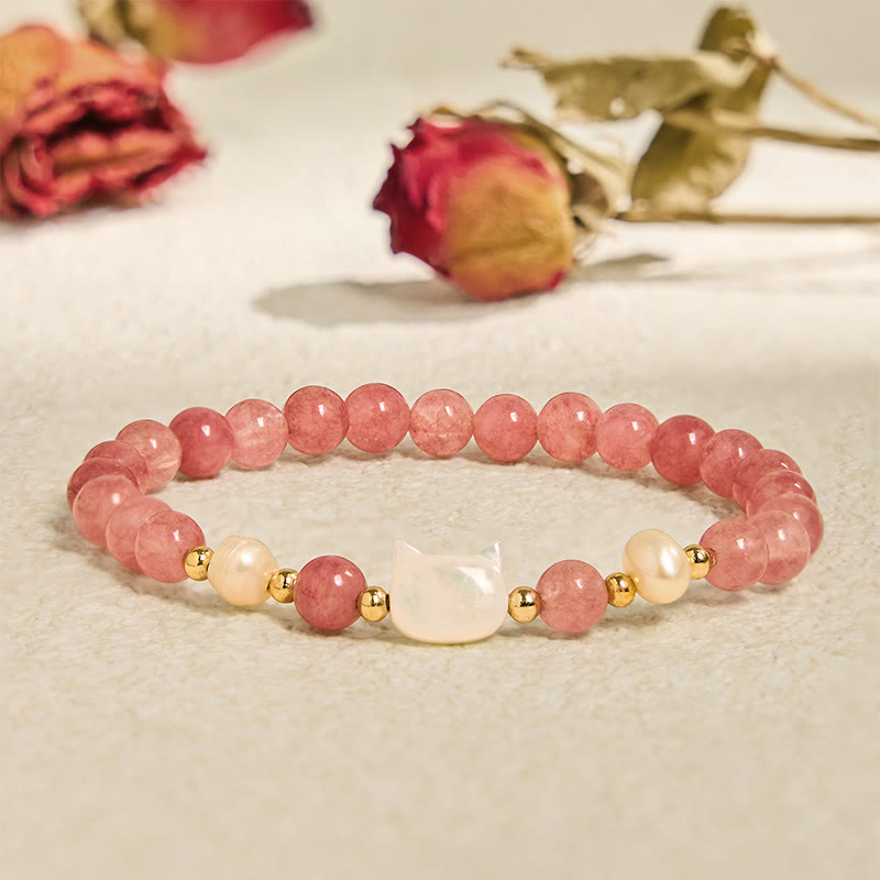 Fortune Jewel Strawberry Quartz Pearl Cat Rabbit Healing Bracelet