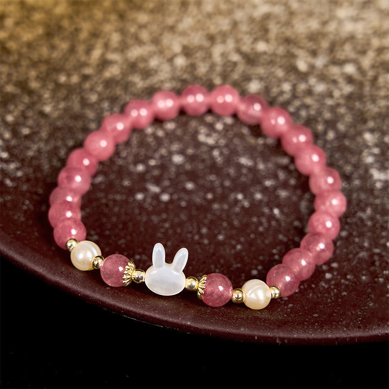 Fortune Jewel Strawberry Quartz Pearl Cat Rabbit Healing Bracelet