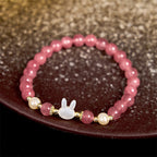Fortune Jewel Strawberry Quartz Pearl Cat Rabbit Healing Bracelet