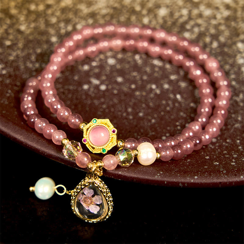 Fortune Jewel Natural Strawberry Quartz Pearl Butterfly Water Drop Positive Double Wrap Bracelet