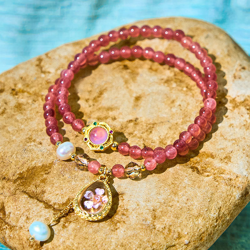 Fortune Jewel Natural Strawberry Quartz Pearl Butterfly Water Drop Positive Double Wrap Bracelet