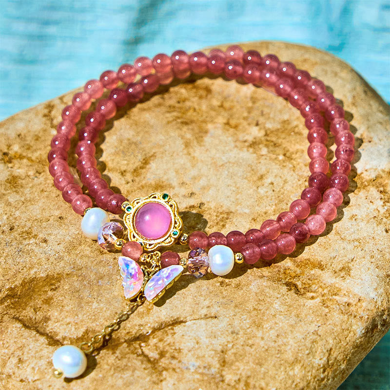 Fortune Jewel Natural Strawberry Quartz Pearl Butterfly Water Drop Positive Double Wrap Bracelet