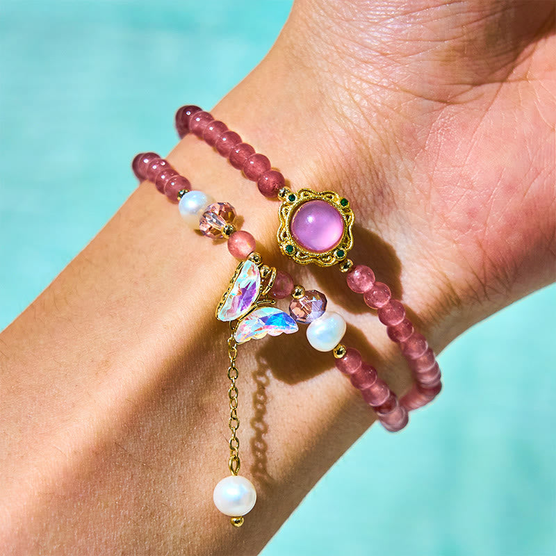 Fortune Jewel Natural Strawberry Quartz Pearl Butterfly Water Drop Positive Double Wrap Bracelet