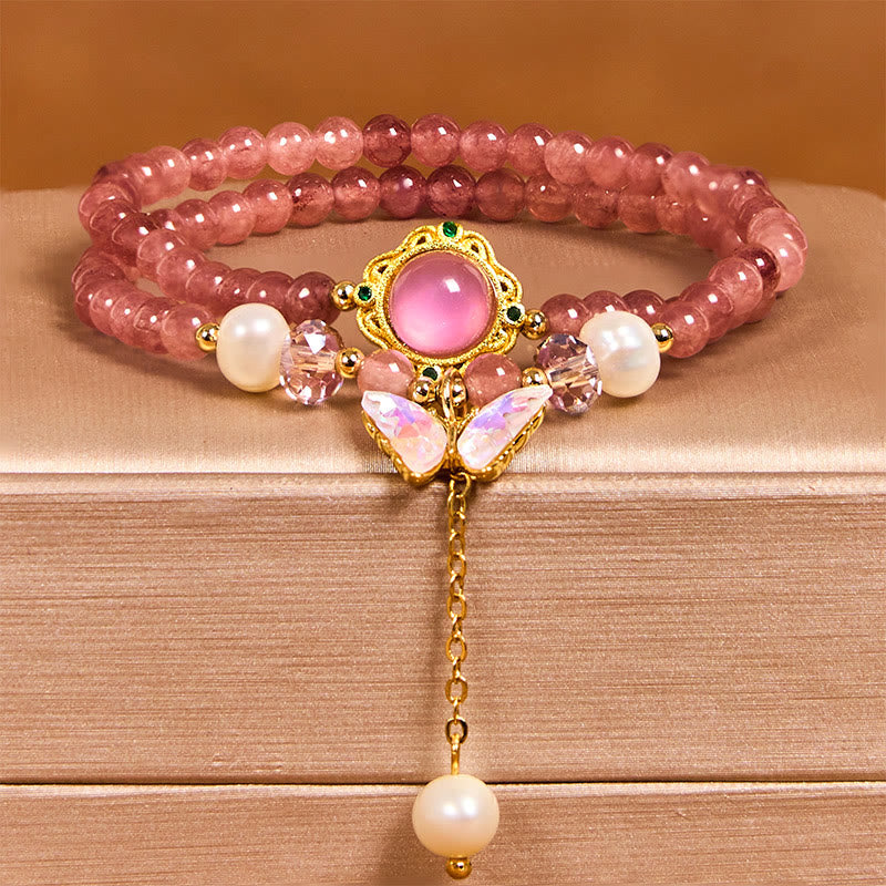 Fortune Jewel Natural Strawberry Quartz Pearl Butterfly Water Drop Positive Double Wrap Bracelet