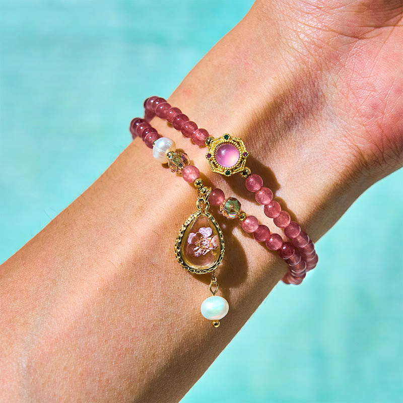 Fortune Jewel Natural Strawberry Quartz Pearl Butterfly Water Drop Positive Double Wrap Bracelet