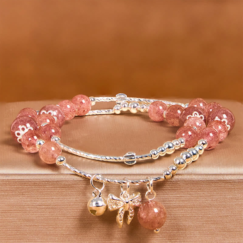 Fortune Jewel Natural Strawberry Quartz Bow-knot Rosette Charm Healing Double Wrap Bracelet