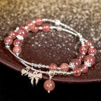 Fortune Jewel Natural Strawberry Quartz Bow-knot Rosette Charm Healing Double Wrap Bracelet