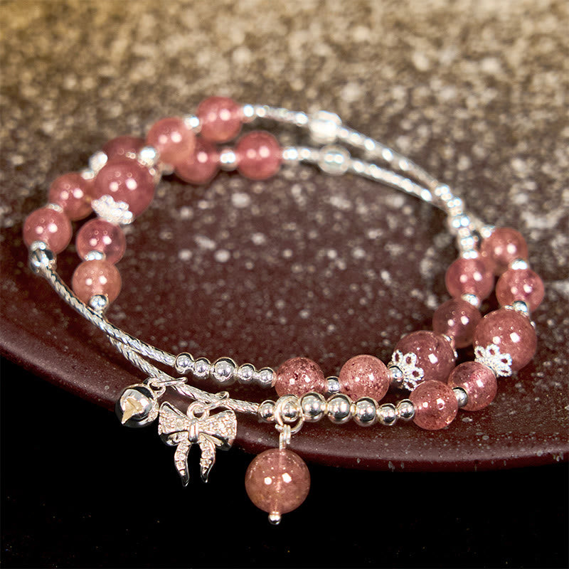 Fortune Jewel Natural Strawberry Quartz Bow-knot Rosette Charm Healing Double Wrap Bracelet