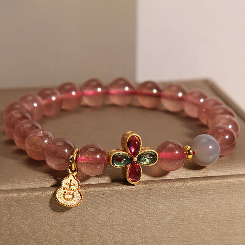Fortune Jewel Strawberry Quartz Four-leaf Clover Lucky Gourd Healing Bracelet