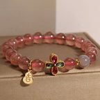 Fortune Jewel Strawberry Quartz Four-leaf Clover Lucky Gourd Healing Bracelet