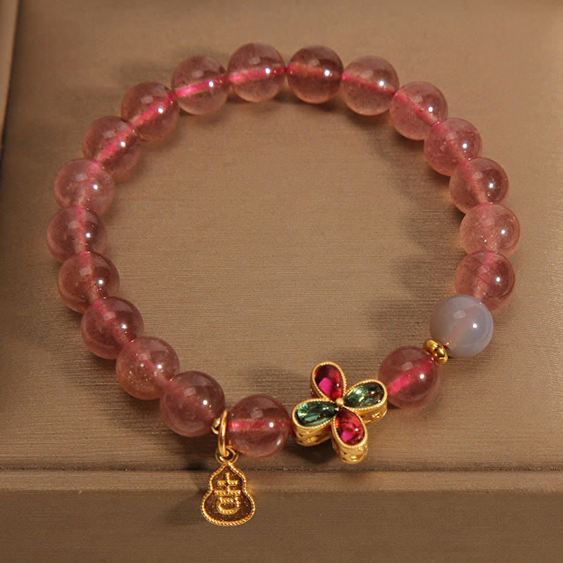 Fortune Jewel Strawberry Quartz Four-leaf Clover Lucky Gourd Healing Bracelet