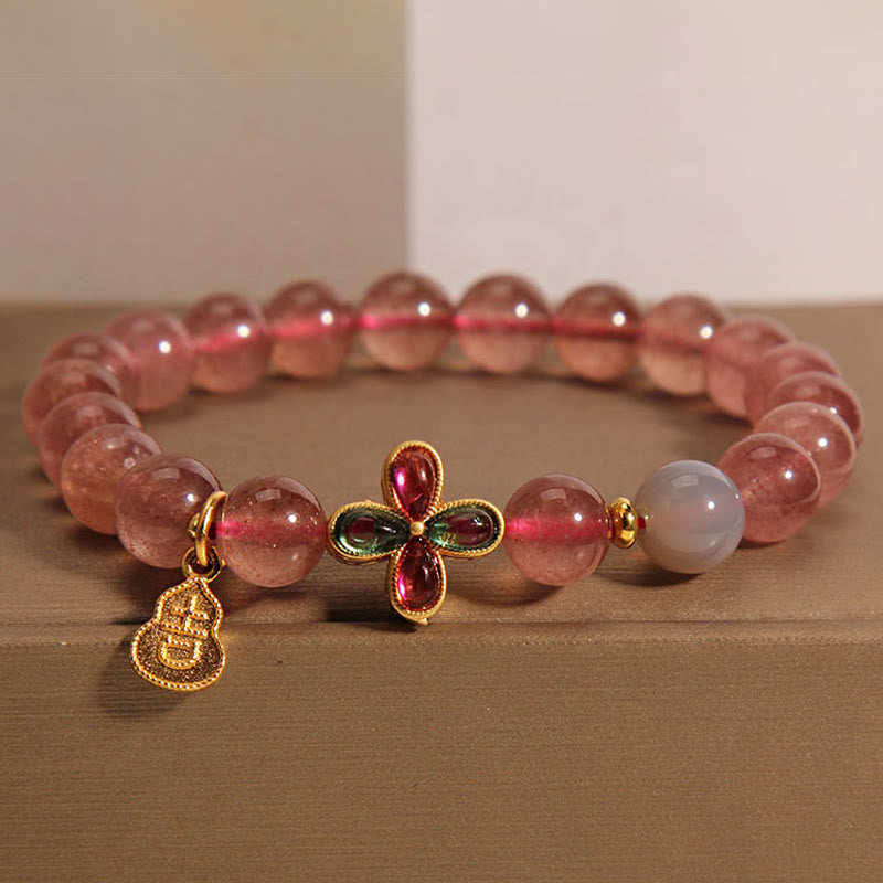 Fortune Jewel Strawberry Quartz Four-leaf Clover Lucky Gourd Healing Bracelet