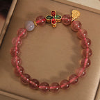 Fortune Jewel Strawberry Quartz Four-leaf Clover Lucky Gourd Healing Bracelet