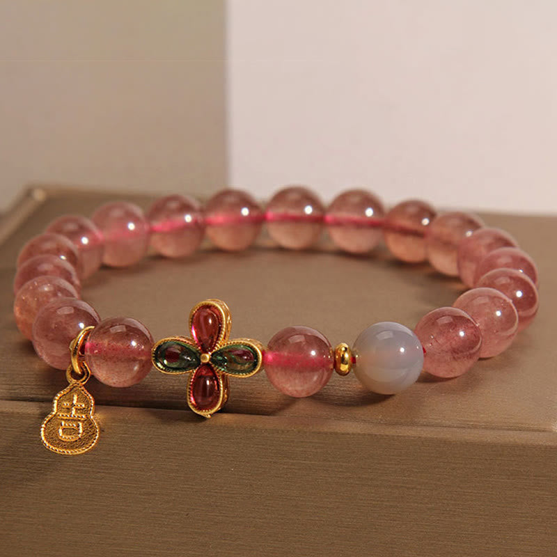 Fortune Jewel Strawberry Quartz Four-leaf Clover Lucky Gourd Healing Bracelet