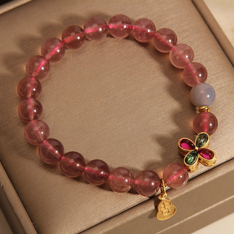 Fortune Jewel Strawberry Quartz Four-leaf Clover Lucky Gourd Healing Bracelet