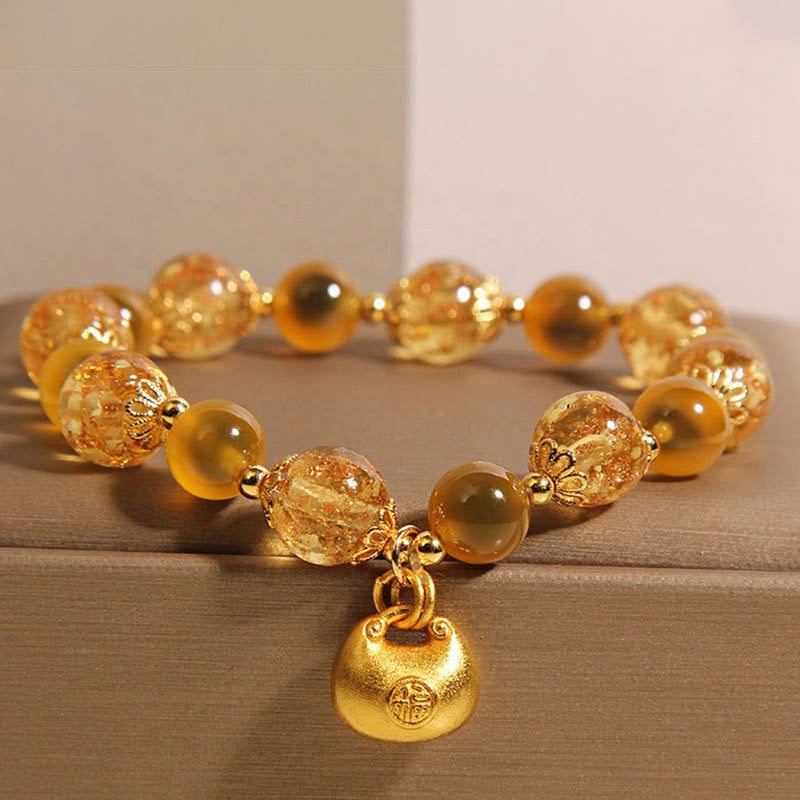 Fortune Jewel Yellow Candy Agate Fu Character Blessing Bag Healing Bracelet