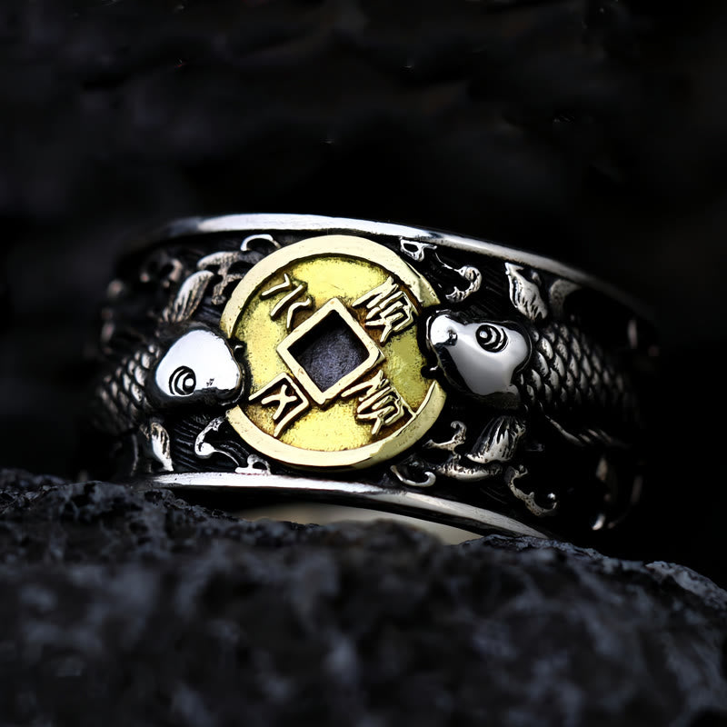 Fortune Jewel Adjustable Opening 925 Sterling Silver Lucky Koi Fish Copper Coin Auspicious Clouds Wealth Ring