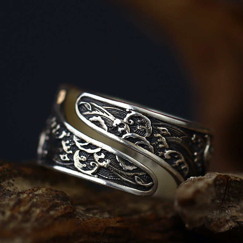 Fortune Jewel Adjustable Opening 925 Sterling Silver Lucky Koi Fish Copper Coin Auspicious Clouds Wealth Ring