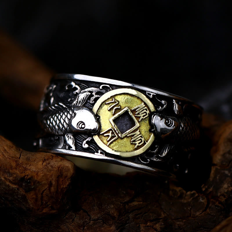 Fortune Jewel Adjustable Opening 925 Sterling Silver Lucky Koi Fish Copper Coin Auspicious Clouds Wealth Ring