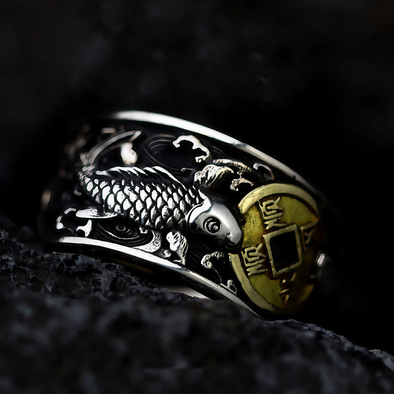 Fortune Jewel Adjustable Opening 925 Sterling Silver Lucky Koi Fish Copper Coin Auspicious Clouds Wealth Ring