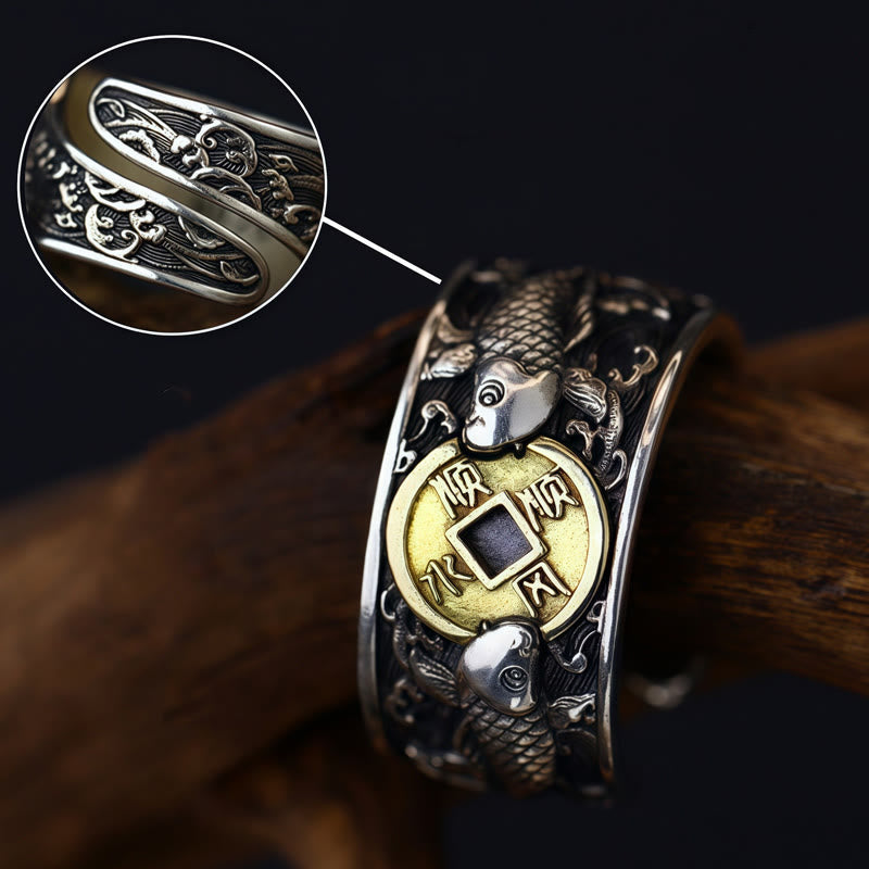 Fortune Jewel Adjustable Opening 925 Sterling Silver Lucky Koi Fish Copper Coin Auspicious Clouds Wealth Ring