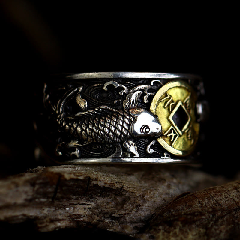 Fortune Jewel Adjustable Opening 925 Sterling Silver Lucky Koi Fish Copper Coin Auspicious Clouds Wealth Ring