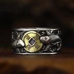 Fortune Jewel Adjustable Opening 925 Sterling Silver Lucky Koi Fish Copper Coin Auspicious Clouds Wealth Ring