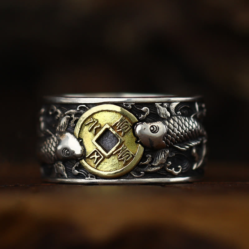 Fortune Jewel Adjustable Opening 925 Sterling Silver Lucky Koi Fish Copper Coin Auspicious Clouds Wealth Ring