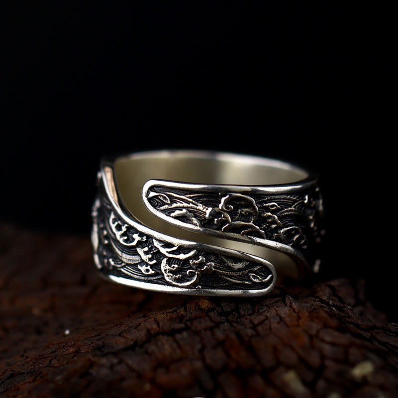 Fortune Jewel Adjustable Opening 925 Sterling Silver Lucky Koi Fish Copper Coin Auspicious Clouds Wealth Ring