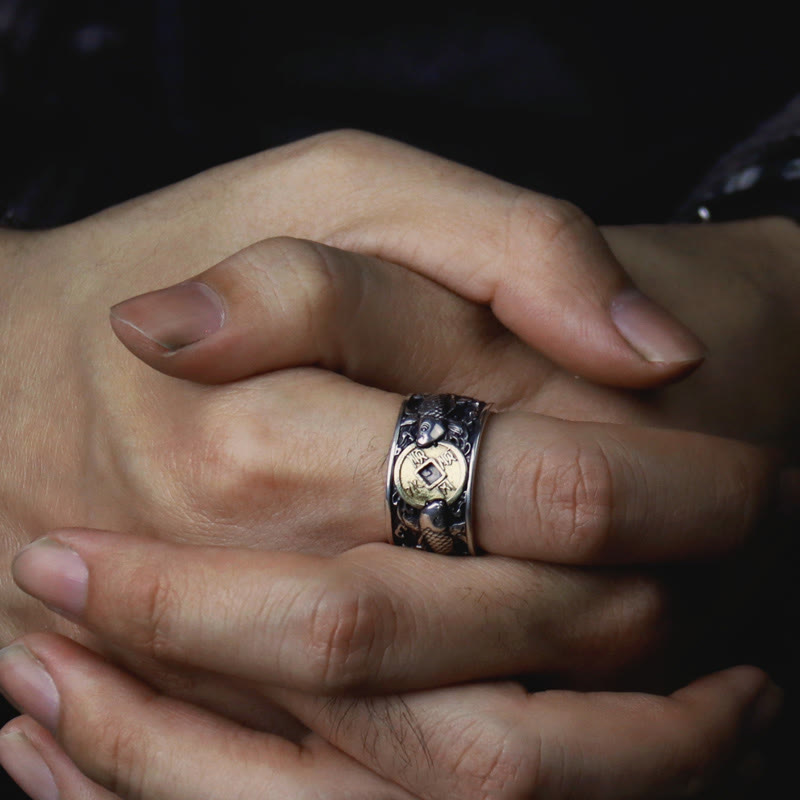 Fortune Jewel Adjustable Opening 925 Sterling Silver Lucky Koi Fish Copper Coin Auspicious Clouds Wealth Ring