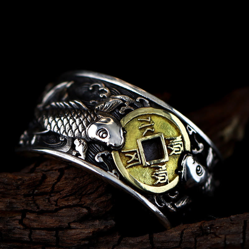 Fortune Jewel Adjustable Opening 925 Sterling Silver Lucky Koi Fish Copper Coin Auspicious Clouds Wealth Ring