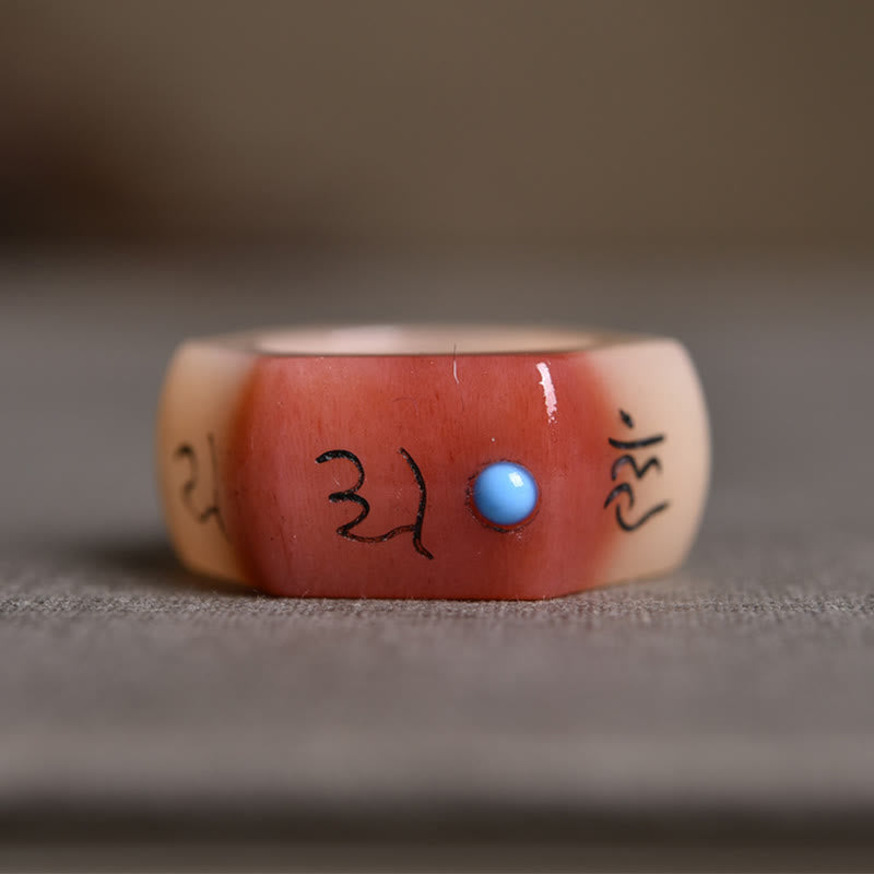 Fortune Jewel Camel Bone Om Mani Padme Hum Carving Protection Ring