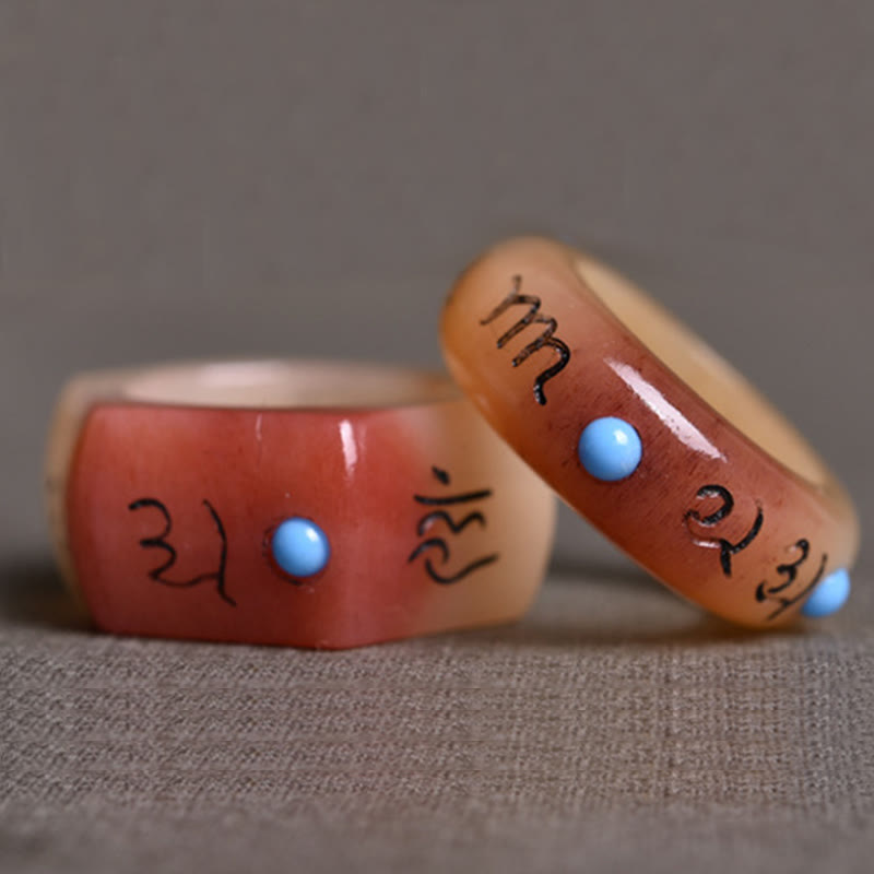 Fortune Jewel Camel Bone Om Mani Padme Hum Carving Protection Ring
