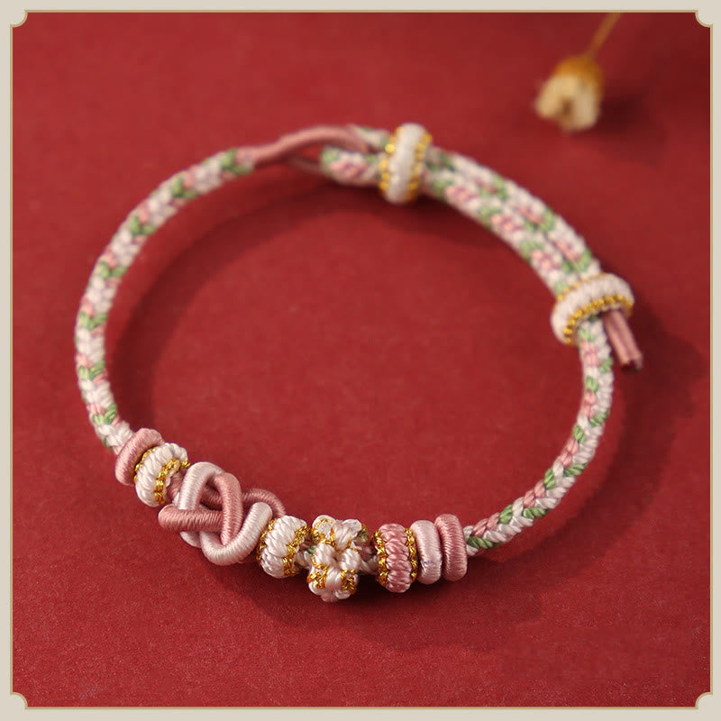 Fortune Jewel Handcrafted Peach Blossom Peace Knot Colorful Rope Adjustable Bracelet