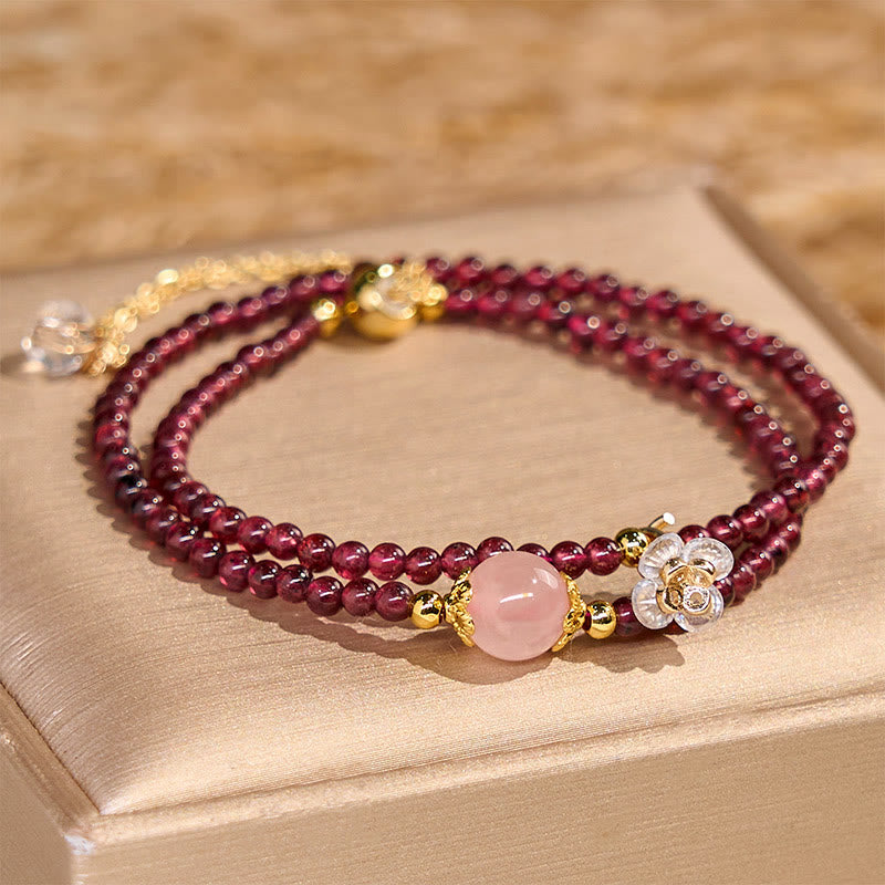 Fortune Jewel Natural Flower Garnet Pink Crystal Calm Double Wrap Bracelet