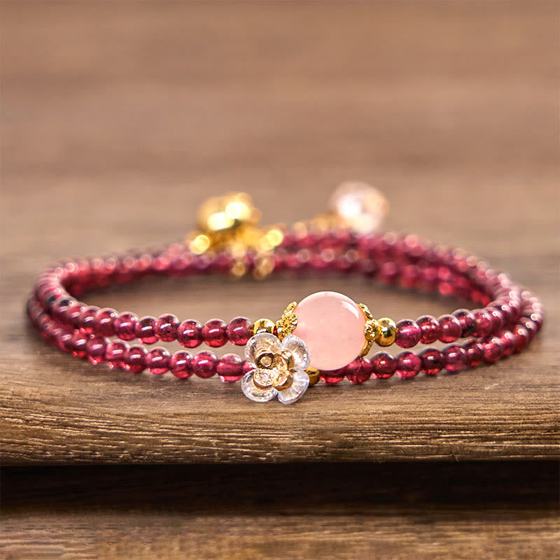 Fortune Jewel Natural Flower Garnet Pink Crystal Calm Double Wrap Bracelet