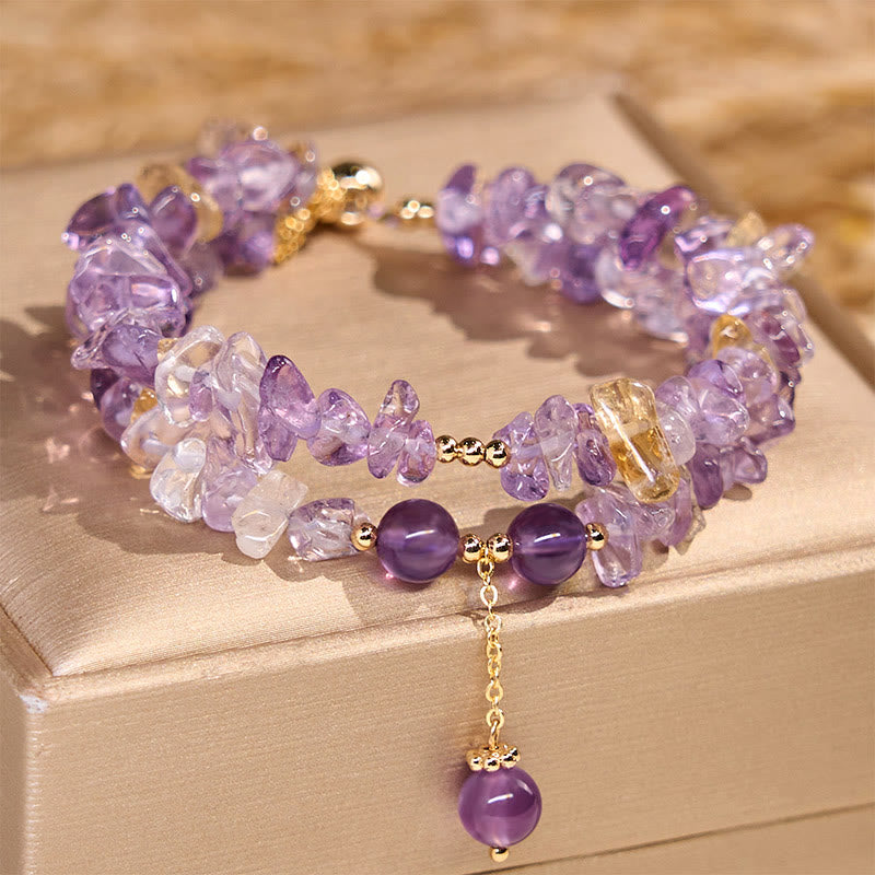 Fortune Jewel Irregular Natural Amethyst Citrine Gravel Meditation Double Layer Bracelet