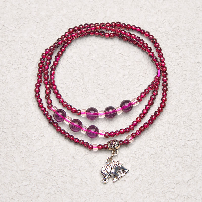 Fortune Jewel Natural Garnet Elephant Abacus Lucky Bag PiXiu Protection Triple Wrap Bracelet
