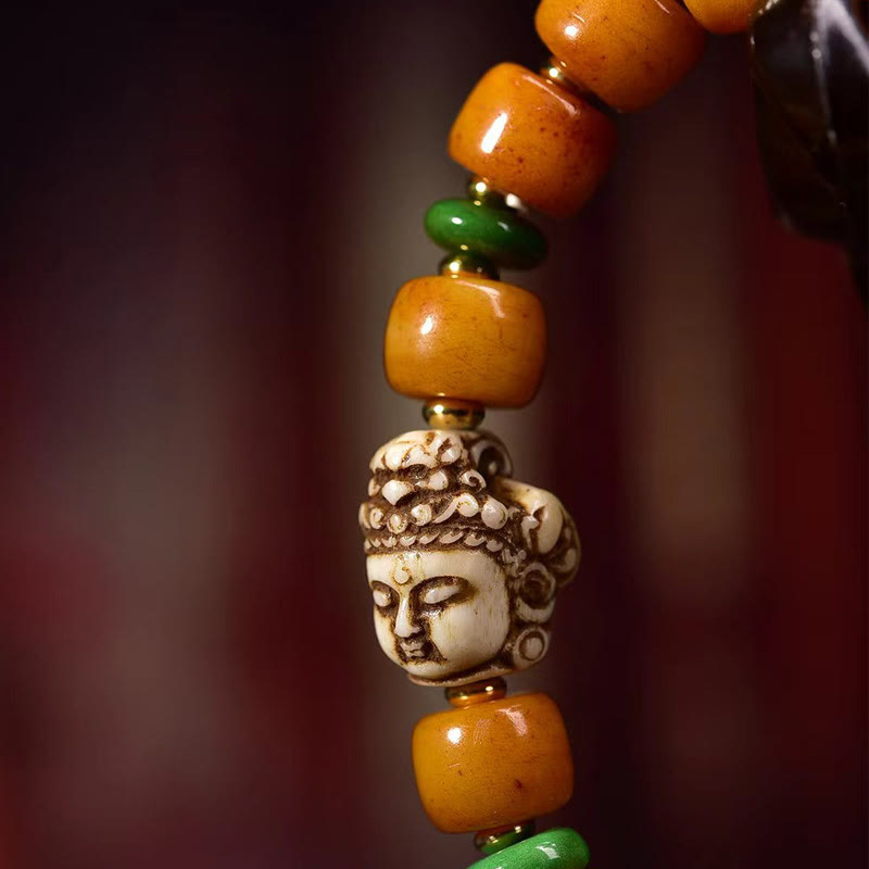 Fortune Jewel Natural Tibetan Camel Bone Barrel Beads Buddha Head Luck Protection Bracelet