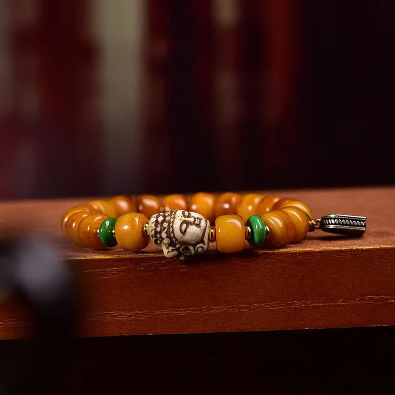 Fortune Jewel Natural Tibetan Camel Bone Barrel Beads Buddha Head Luck Protection Bracelet