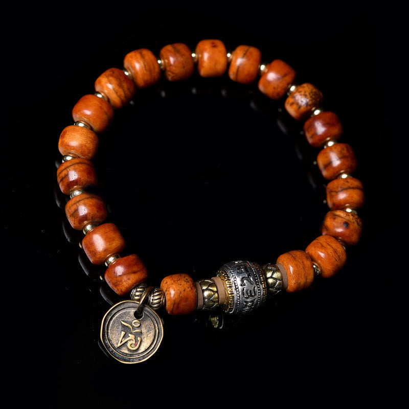 Fortune Jewel Natural Tibetan Camel Bone Barrel Beads OM Sanskrit Luck Protection Bracelet