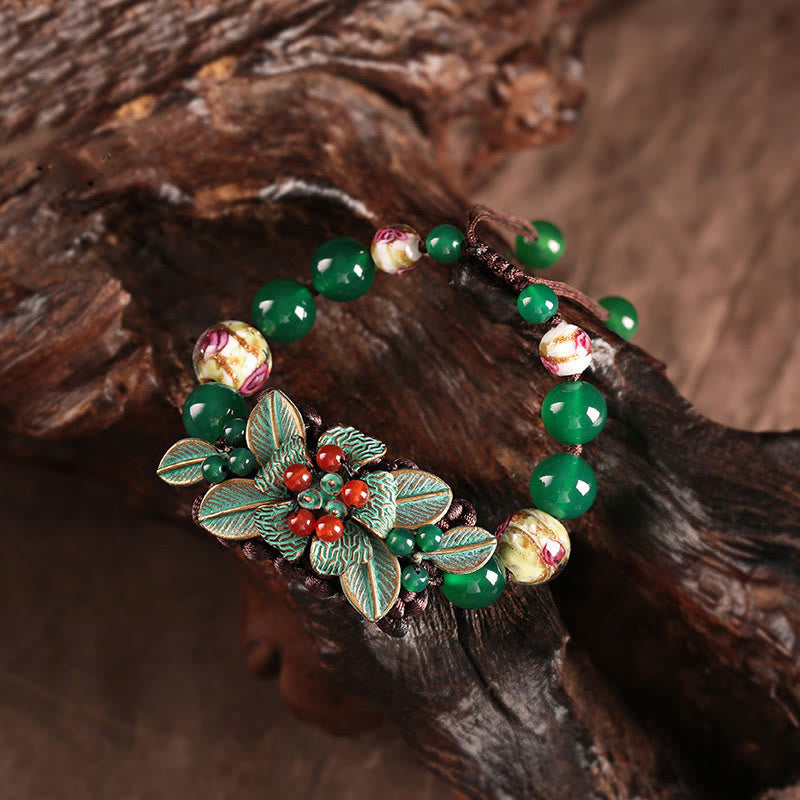 Fortune Jewel Green Agate Glass Flower Beads Braided Knot Support Bracelet