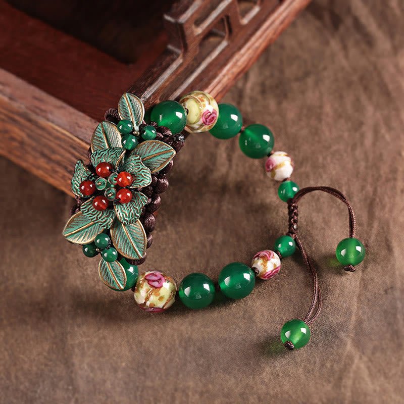 Fortune Jewel Green Agate Glass Flower Beads Braided Knot Support Bracelet